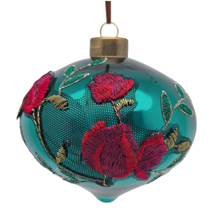 Glass Green & Red Rose Bauble