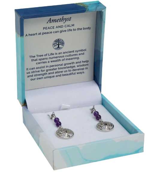 Tree of Life Amethyst Rhodium Earrings