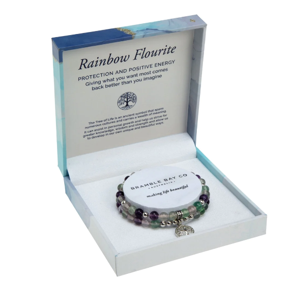 Tree of Life Duo Bracelet Set - Rainbow Fluorite Rhodium