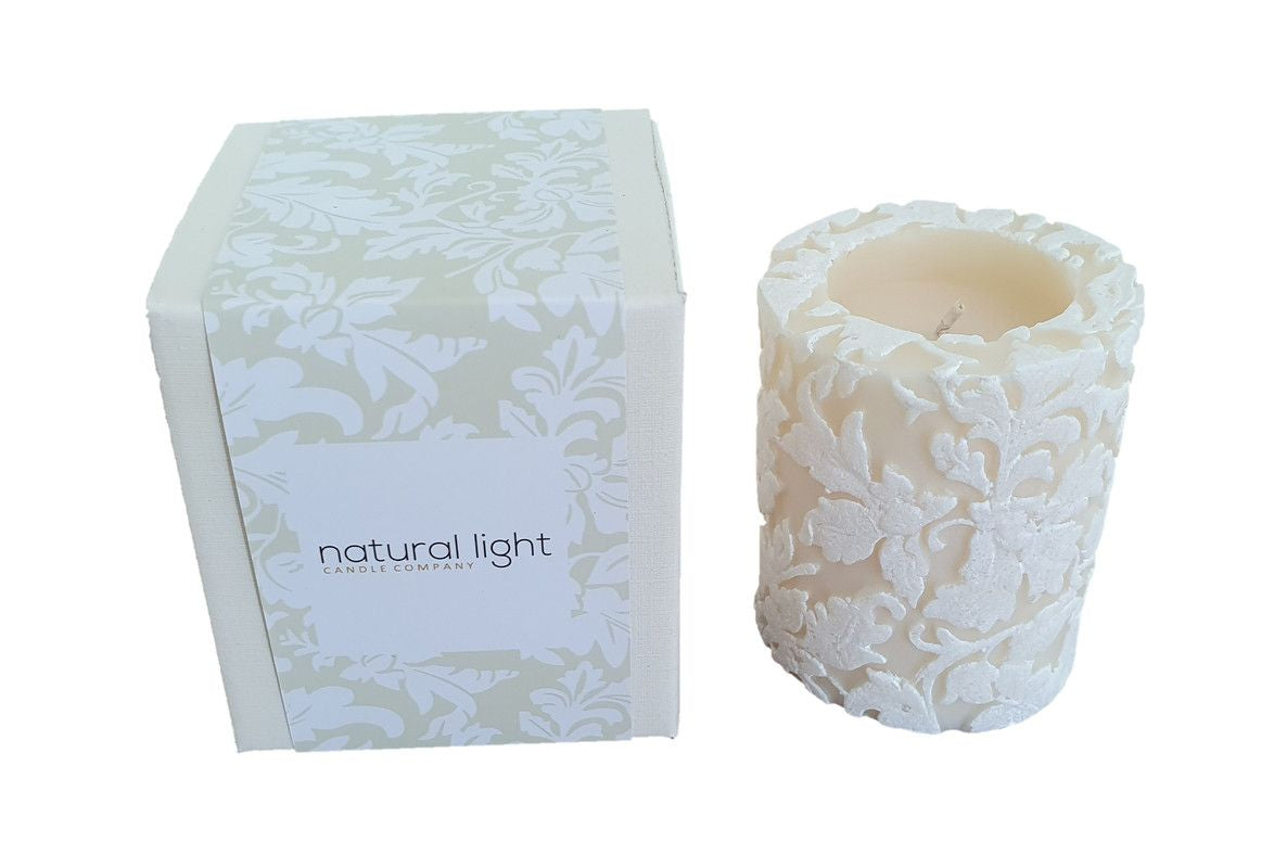 Natural Lights - Damask Leaf 3” Recessed Pillar Candle - Ivory & White