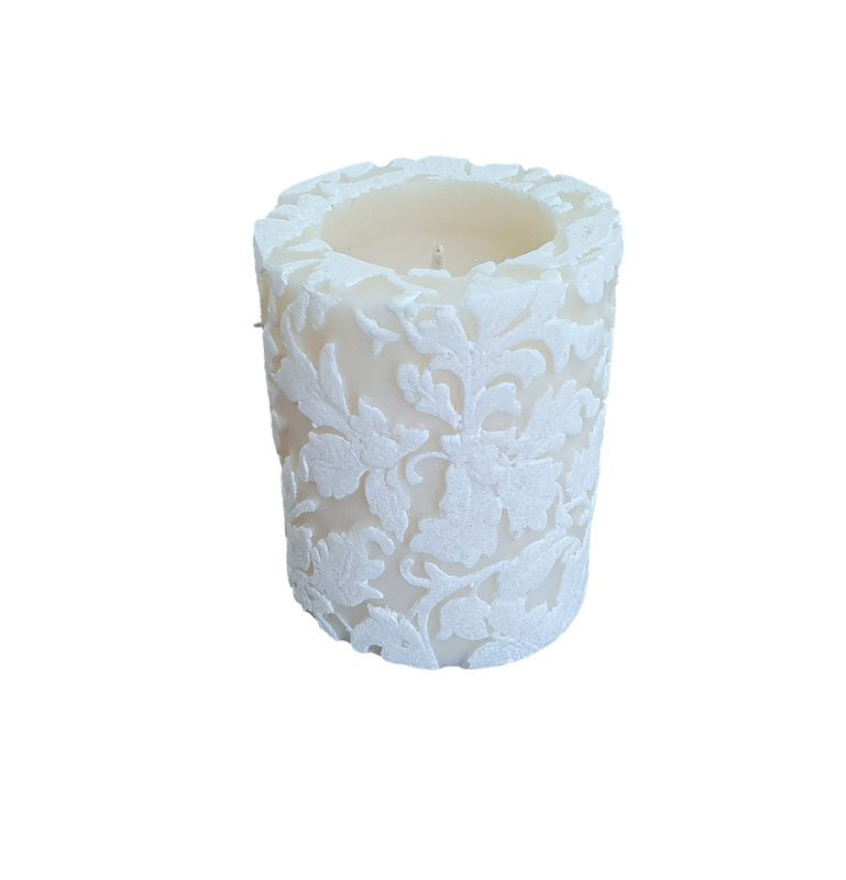 Natural Lights - Damask Leaf 3” Recessed Pillar Candle - Ivory & White