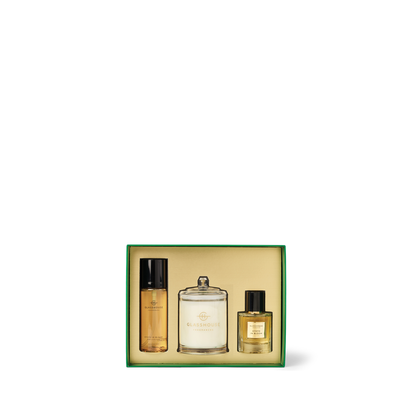 Glasshouse Fragrance Trio Set Christmas 2025 - 200gm Candle, 50ml EDP & 100ml Hair & Body Mist Kyoto in Bloom