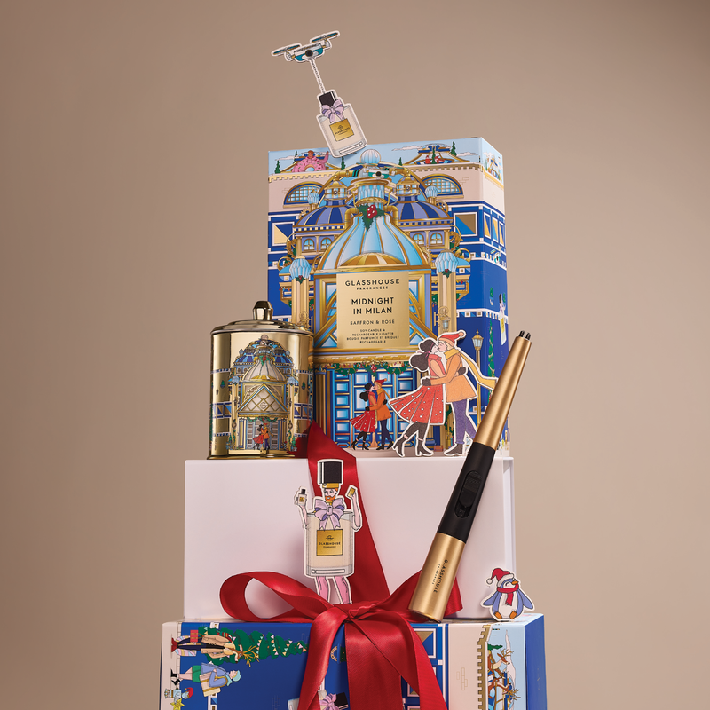 Glasshouse Candle & Care Gift Set Christmas 2025 - 380gm Candle & USB Lighter Midnight in Milan