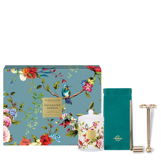 Glasshouse Soy Candle & Care Kit in Velvet Bag Mother's Day - Enchanted Garden