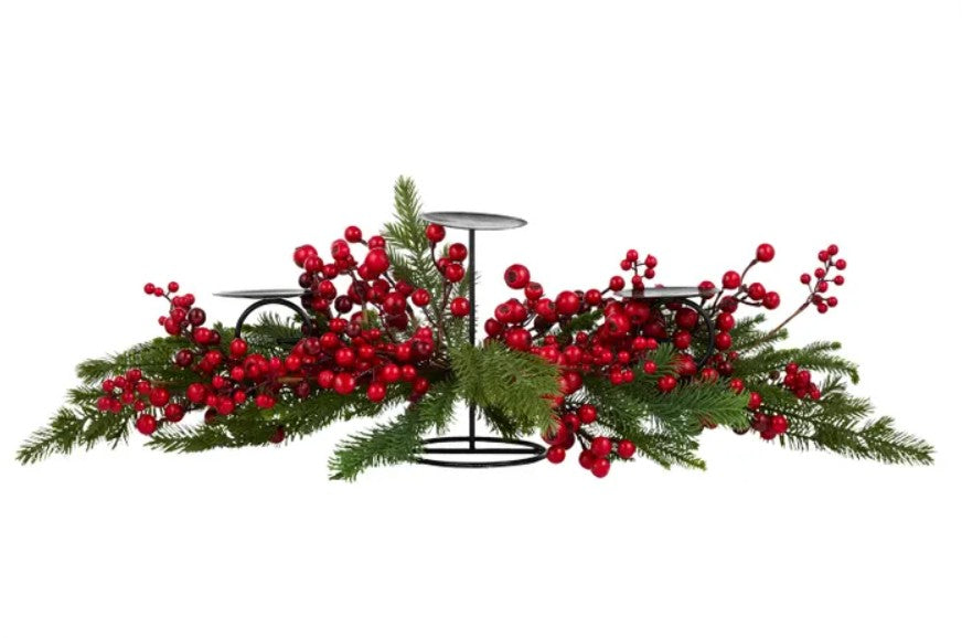 Candleholder with Red Berries & Needles