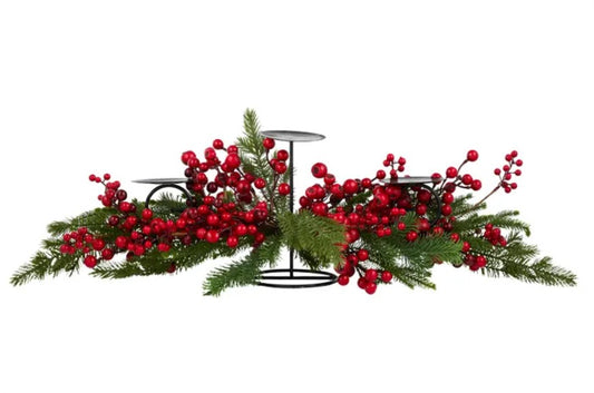 Candleholder with Red Berries & Needles