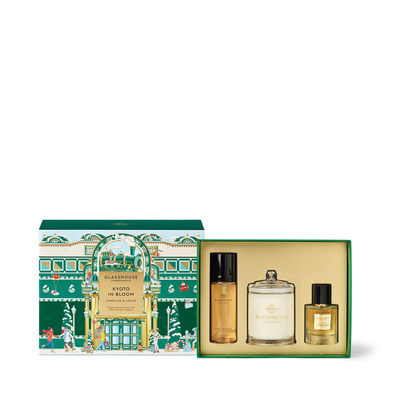 Glasshouse Fragrance Trio Set Christmas 2025 - 200gm Candle, 50ml EDP & 100ml Hair & Body Mist Kyoto in Bloom