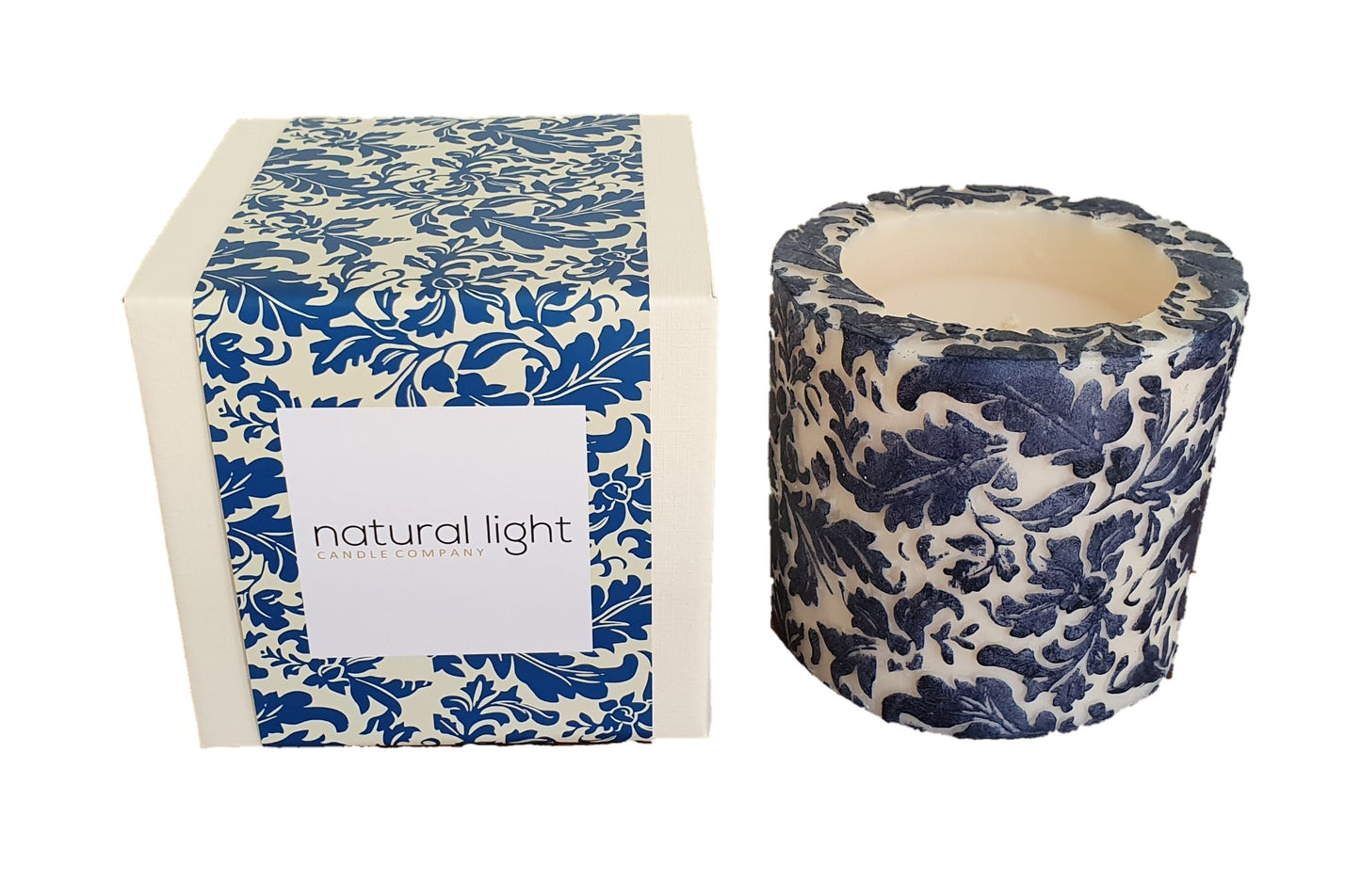Natural Lights - Damask Leaf 4” Recessed Pillar Candle - White & Tattoo Blue